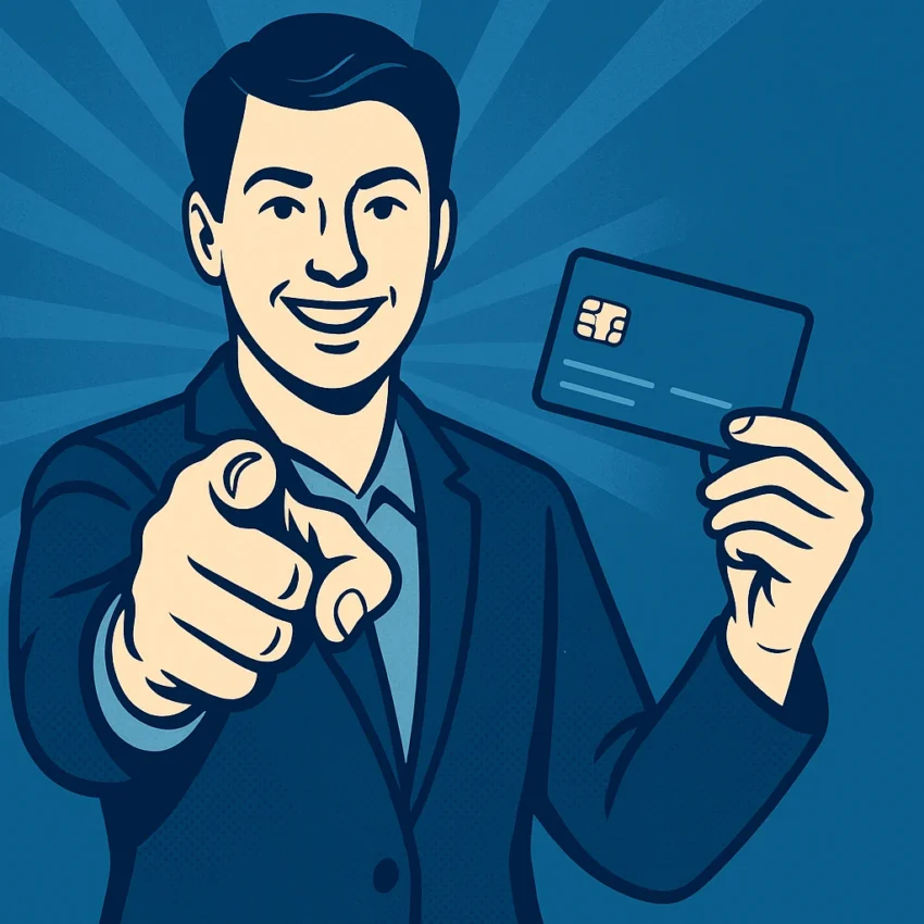 Graphic style illustration pointing at viewer with blank blue credit card — best credit card for you — Michael Martinez Finance