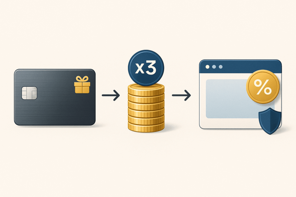 Image of the 3 steps to maximizing credit cards for big purchases. Pick the card, the multiplier, and portal.