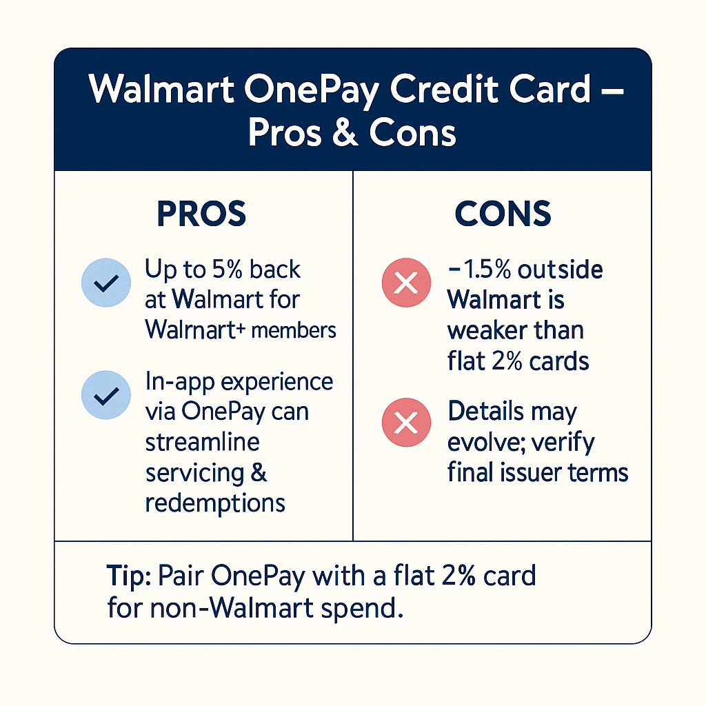 Pros and cons breakdown of the Walmart credit card. 
