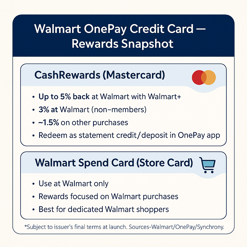 Breakdown of rewards for the Walmart OnePay CashRewards Credit Card. 
