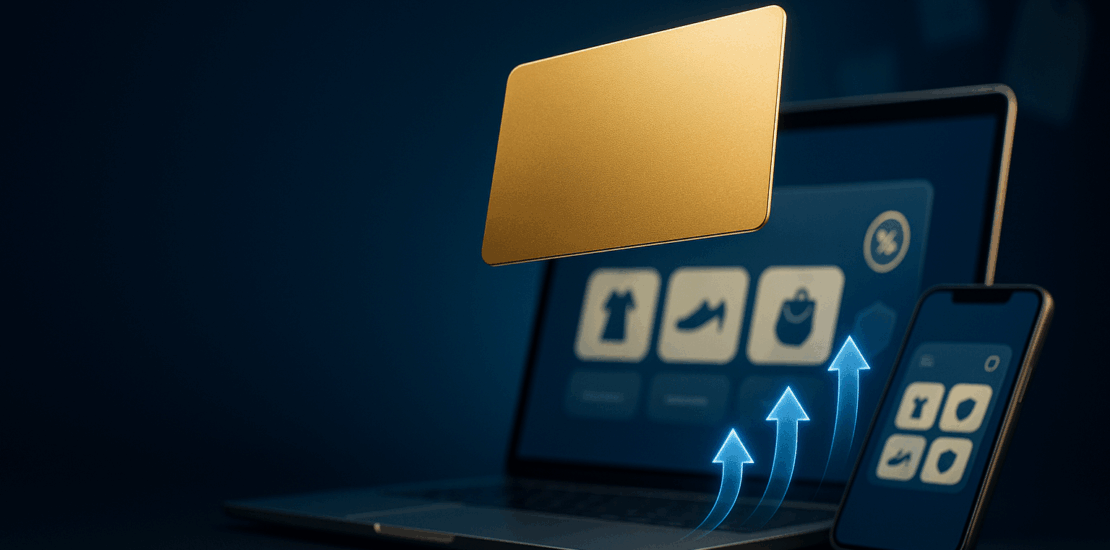 Gold credit card floating over a laptop and phone with shopping-portal icons and upward arrows—stacking rewards and protections for big purchases.