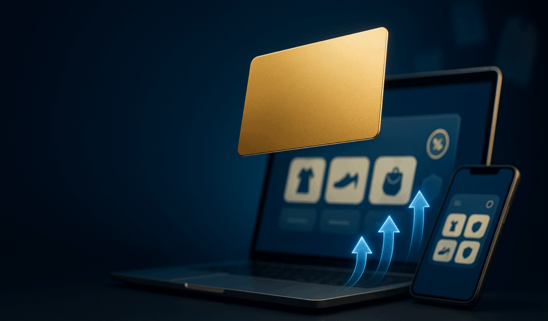Gold credit card floating over a laptop and phone with shopping-portal icons and upward arrows—stacking rewards and protections for big purchases.
