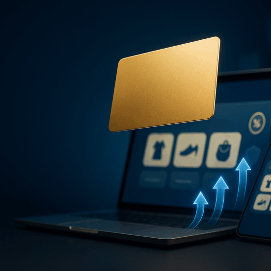 Gold credit card floating over a laptop and phone with shopping-portal icons and upward arrows—stacking rewards and protections for big purchases.