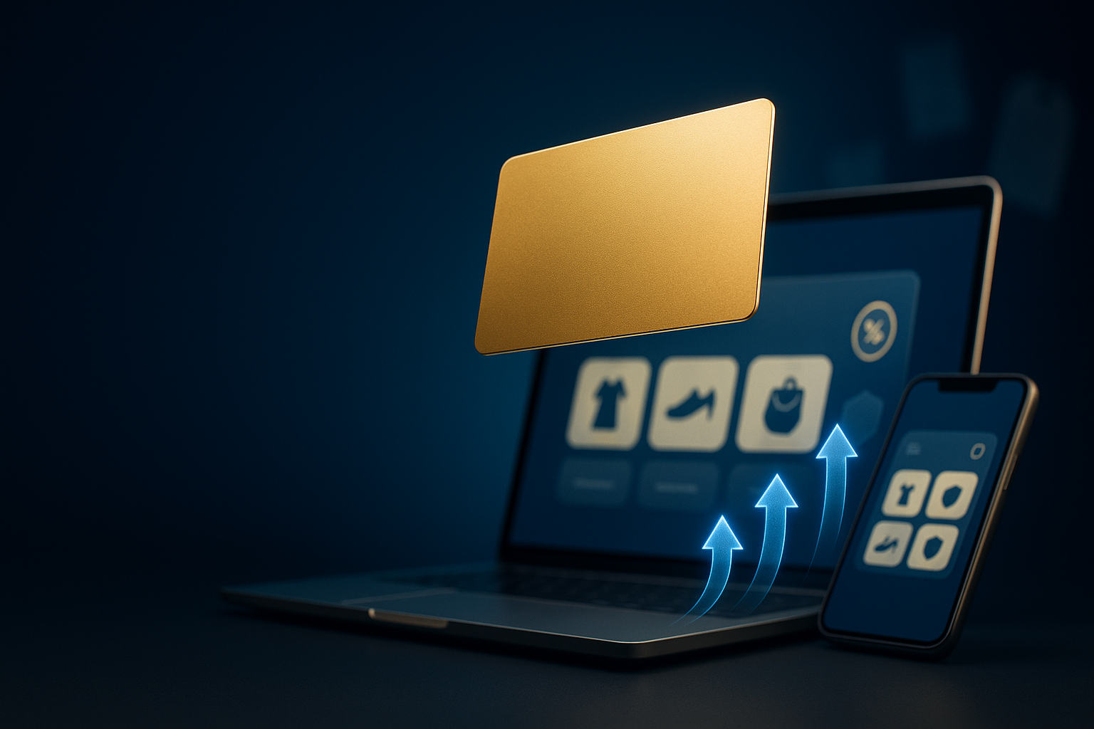 Gold credit card floating over a laptop and phone with shopping-portal icons and upward arrows—stacking rewards and protections for big purchases.