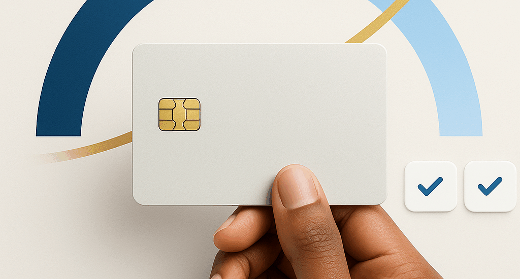 Hand holding a plain credit card in front of a rising score gauge—credit cards for building credit, autopay and low utilization implied.