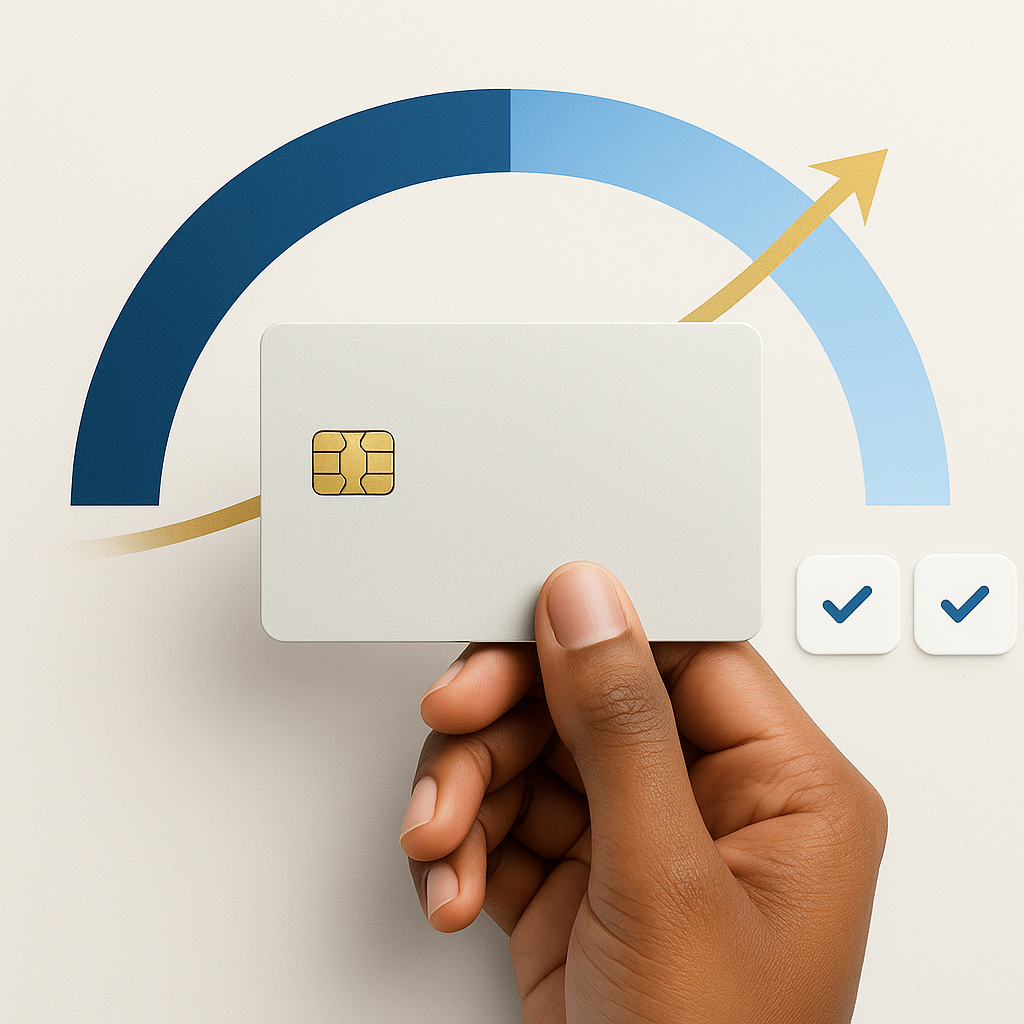 Hand holding a plain credit card in front of a rising score gauge—credit cards for building credit, autopay and low utilization implied.