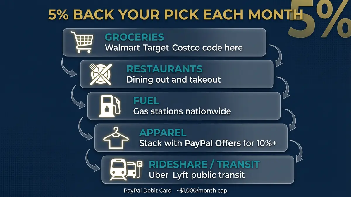 PayPal Debit Card 5% cash back categories: groceries, restaurants, fuel, apparel, rideshare