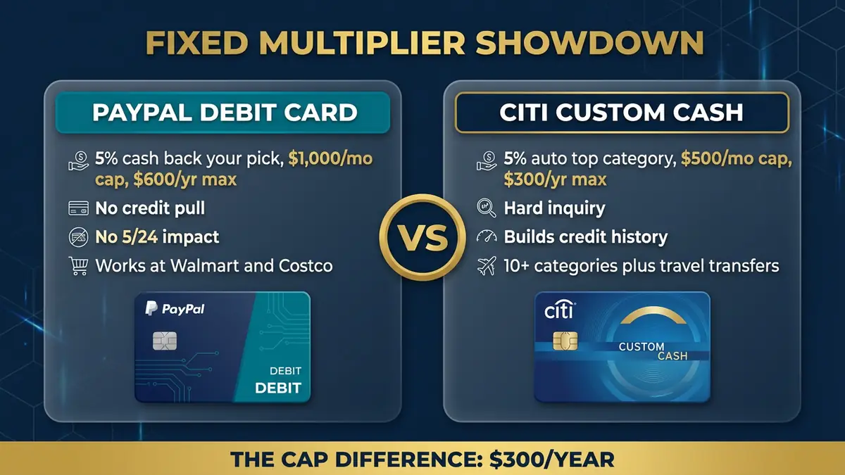 PayPal Debit Card vs Citi Custom Cash comparison: cap, categories, credit impact