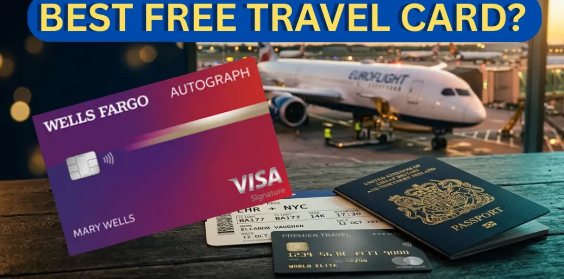 Wells Fargo Autograph credit card with passport and boarding pass at airport terminal