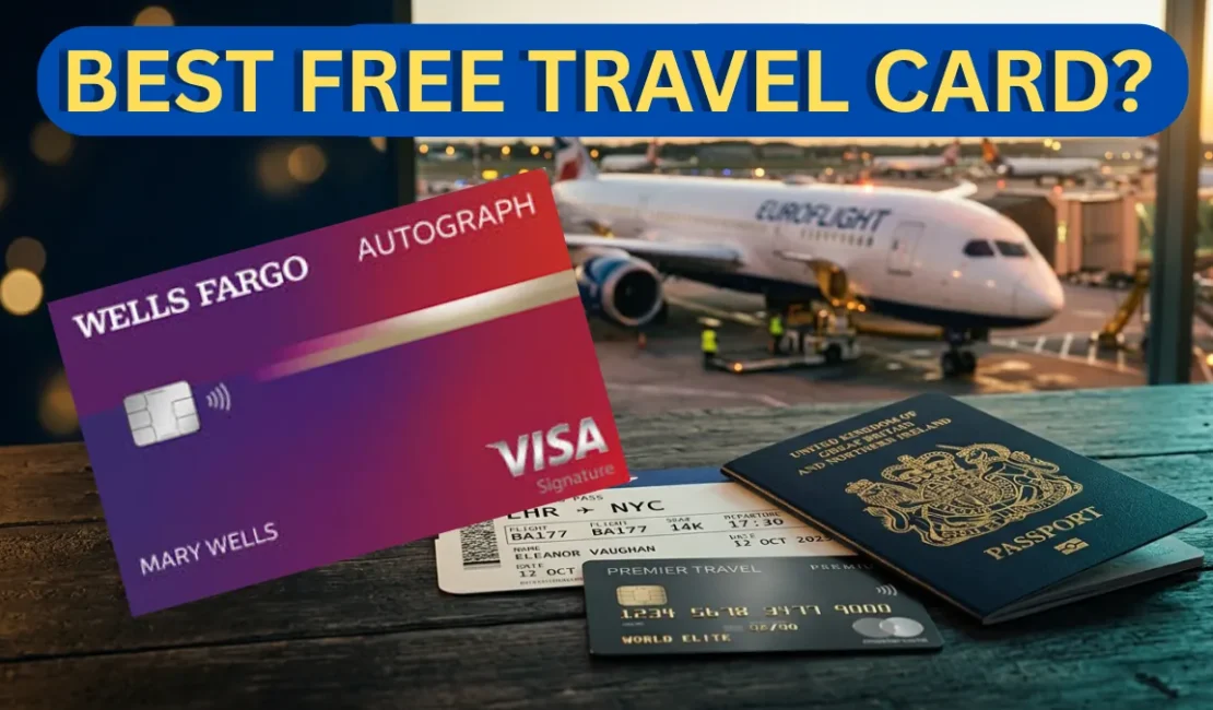 Wells Fargo Autograph credit card with passport and boarding pass at airport terminal