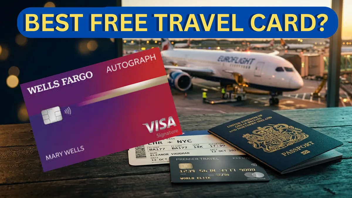 Wells Fargo Autograph credit card with passport and boarding pass at airport terminal