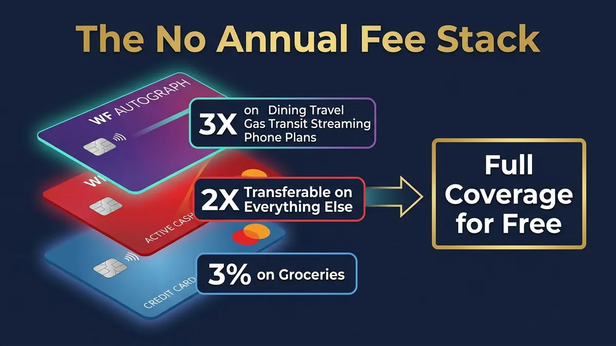 No annual fee card stack: Wells Fargo Autograph 3X plus Active Cash 2X plus grocery card for full coverage