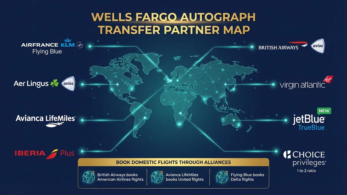 Wells Fargo Autograph transfer partners map showing 8 airline and hotel partners including JetBlue and British Airways