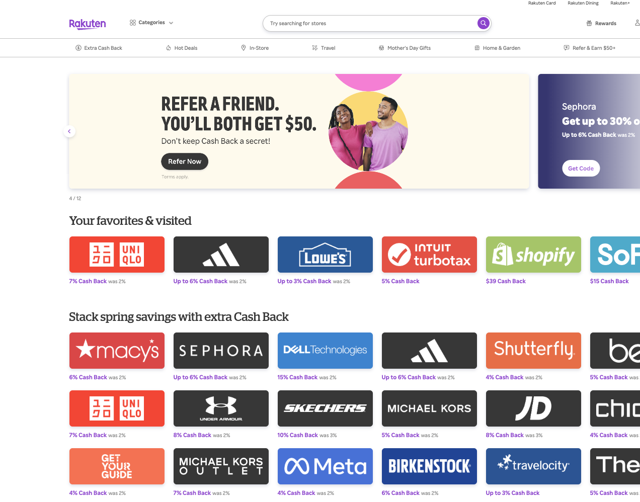 Rakuten shopping portal dashboard showing cash back and Amex Membership Rewards points earning option