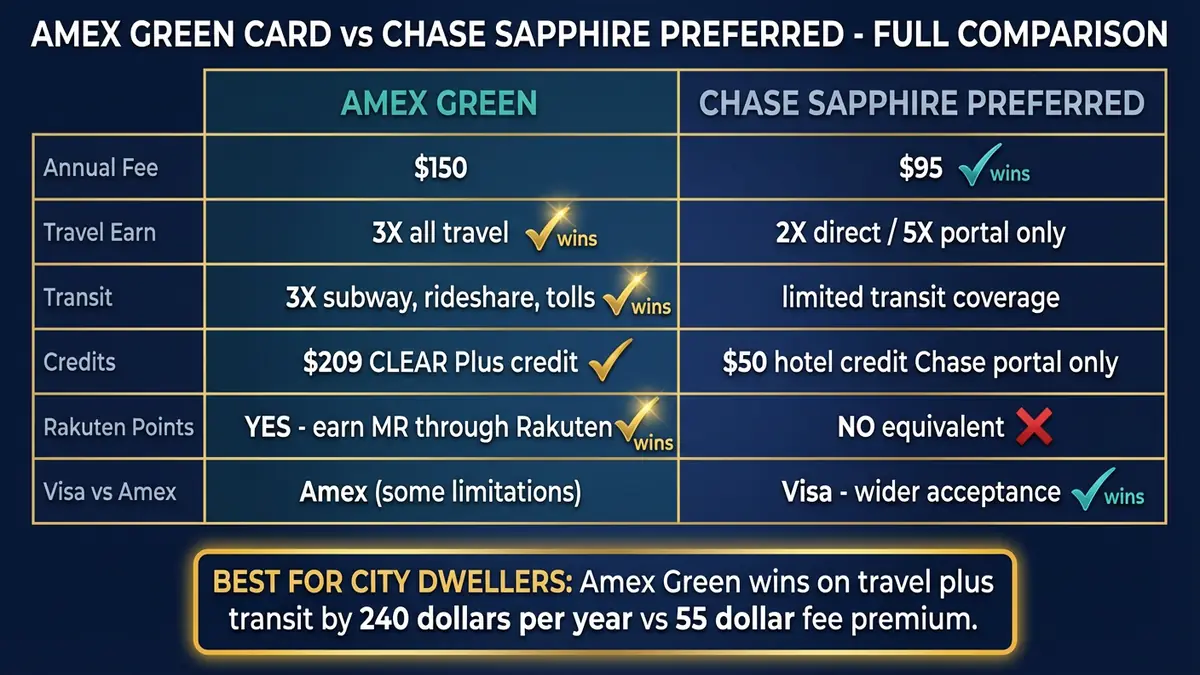 Amex Green Card vs Chase Sapphire Preferred full comparison table covering travel transit credits Rakuten and Visa acceptance