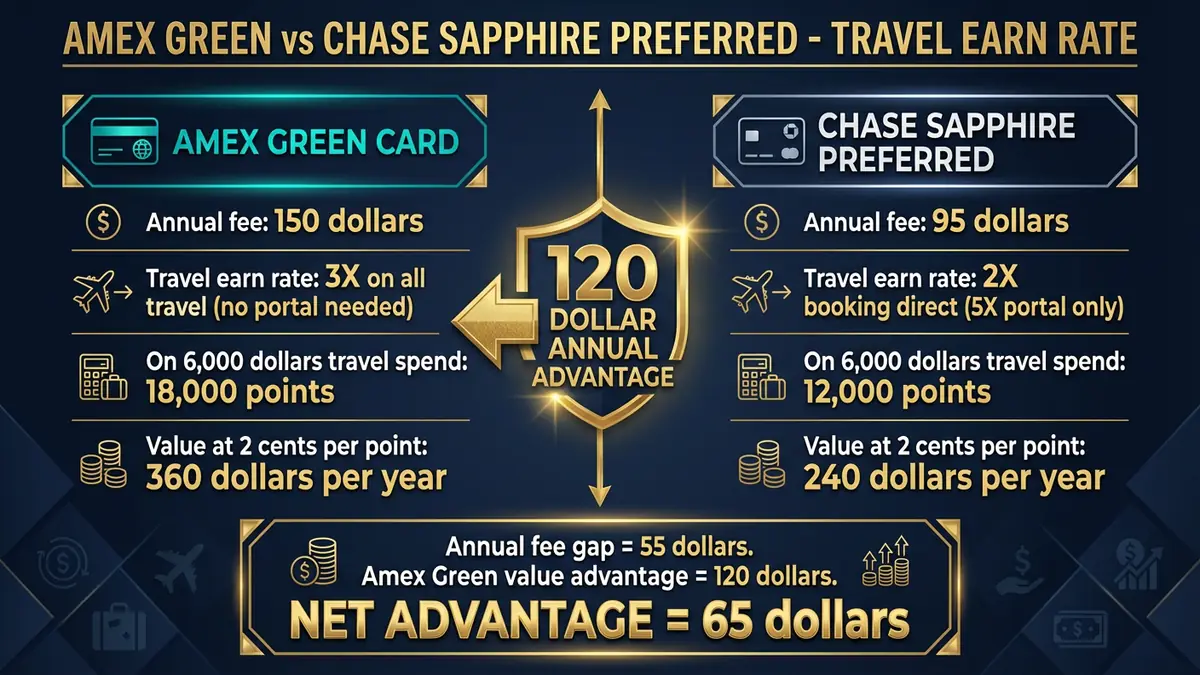 Amex Green Card vs Chase Sapphire Preferred travel earn rate comparison showing 120 dollar annual advantage
