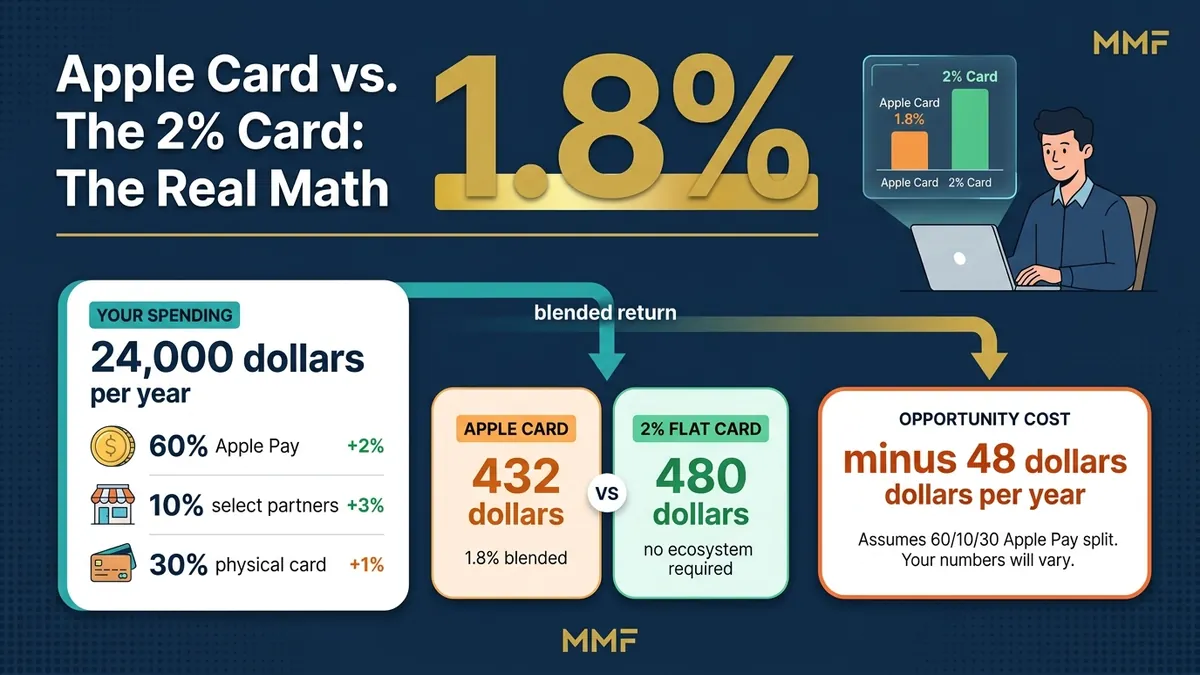 Apple Card vs flat 2% card: math breakdown showing 1.8% blended return equals 432 dollars versus 480 dollars from a flat 2% card on 24,000 dollars annual spend