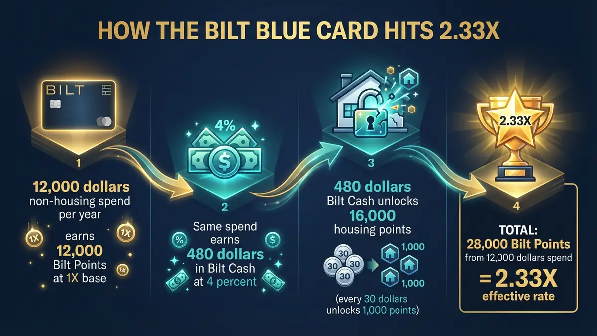 Bilt credit card 2.33X math breakdown showing four steps from 12000 spend to 28000 Bilt points effective rate