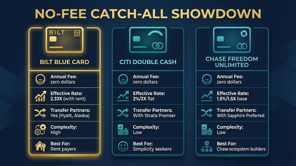 No fee catch all credit card comparison Bilt Blue Card vs Citi Double Cash vs Chase Freedom Unlimited rates and features