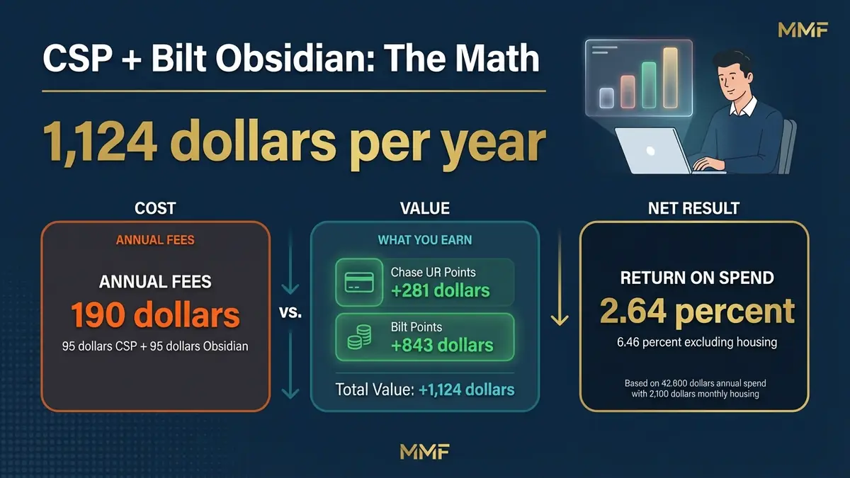 Bilt Obsidian credit card and CSP duo math breakdown showing 1124 dollars annual value and 2.64 percent return on spend