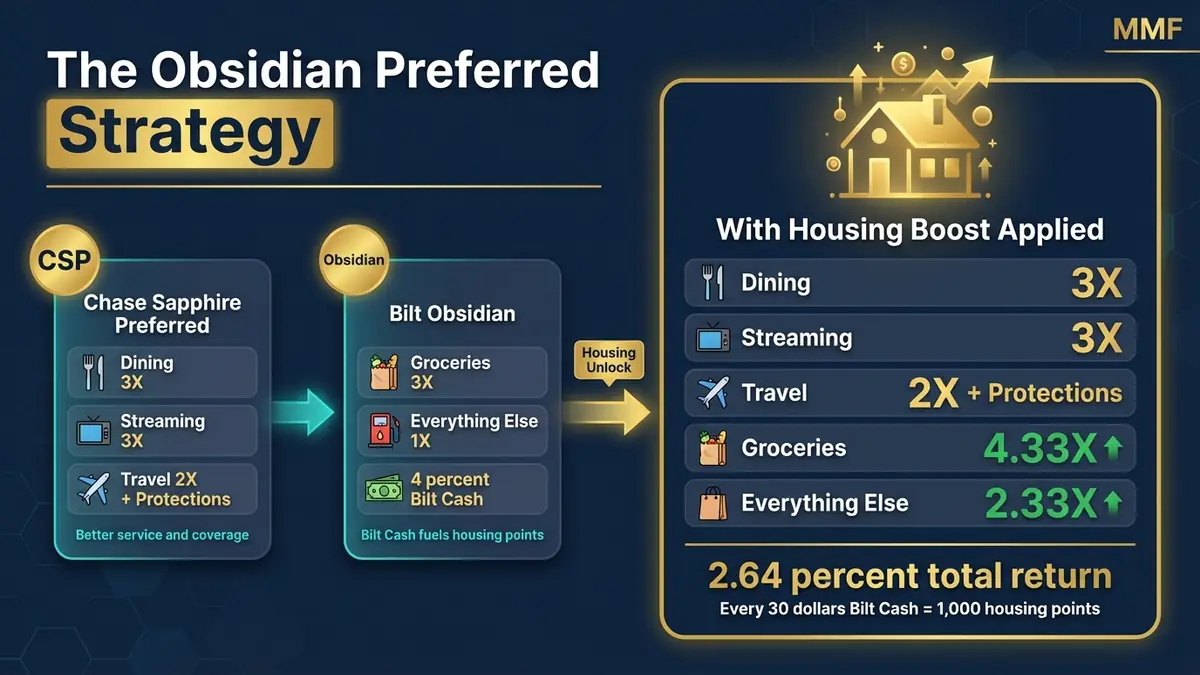 Bilt Obsidian credit card duo strategy flow showing CSP and Obsidian categories with housing boost effective multipliers