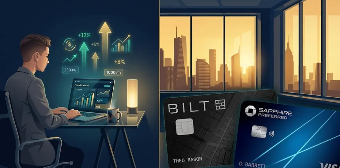 Bilt Obsidian credit card and Chase Sapphire Preferred card with rewards dashboard and city skyline background