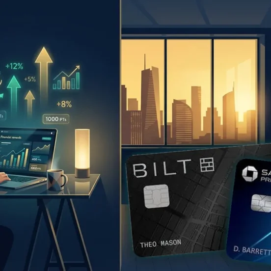 Bilt Obsidian credit card and Chase Sapphire Preferred card with rewards dashboard and city skyline background