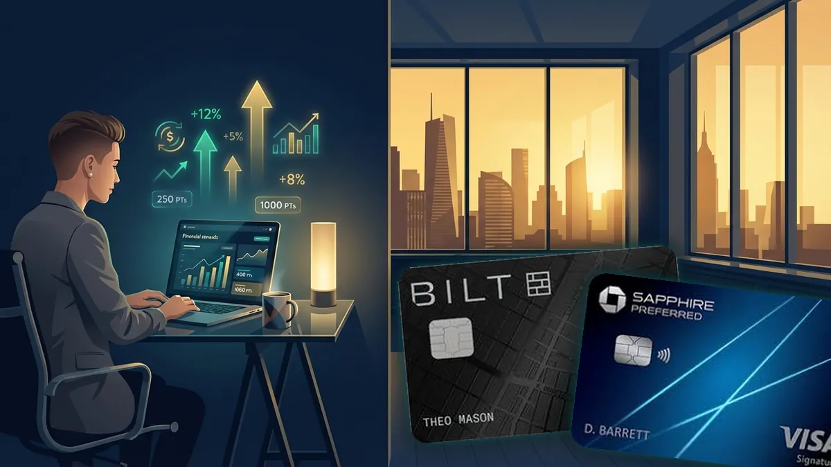 Bilt Obsidian credit card and Chase Sapphire Preferred card with rewards dashboard and city skyline background