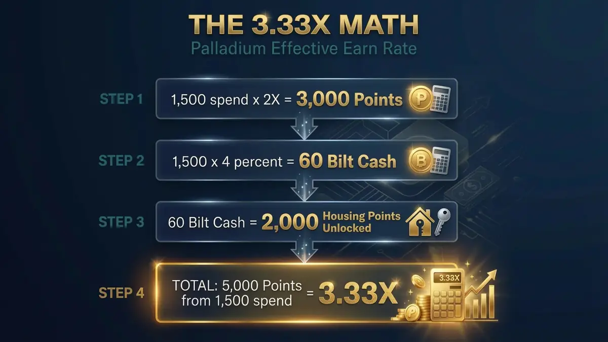 Bilt Palladium 3.33X effective earn rate math breakdown in four steps showing points and Bilt Cash calculation
