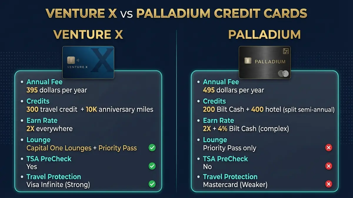 Bilt Palladium vs Venture X side-by-side comparison of annual fees credits earn rates lounge access and travel protections