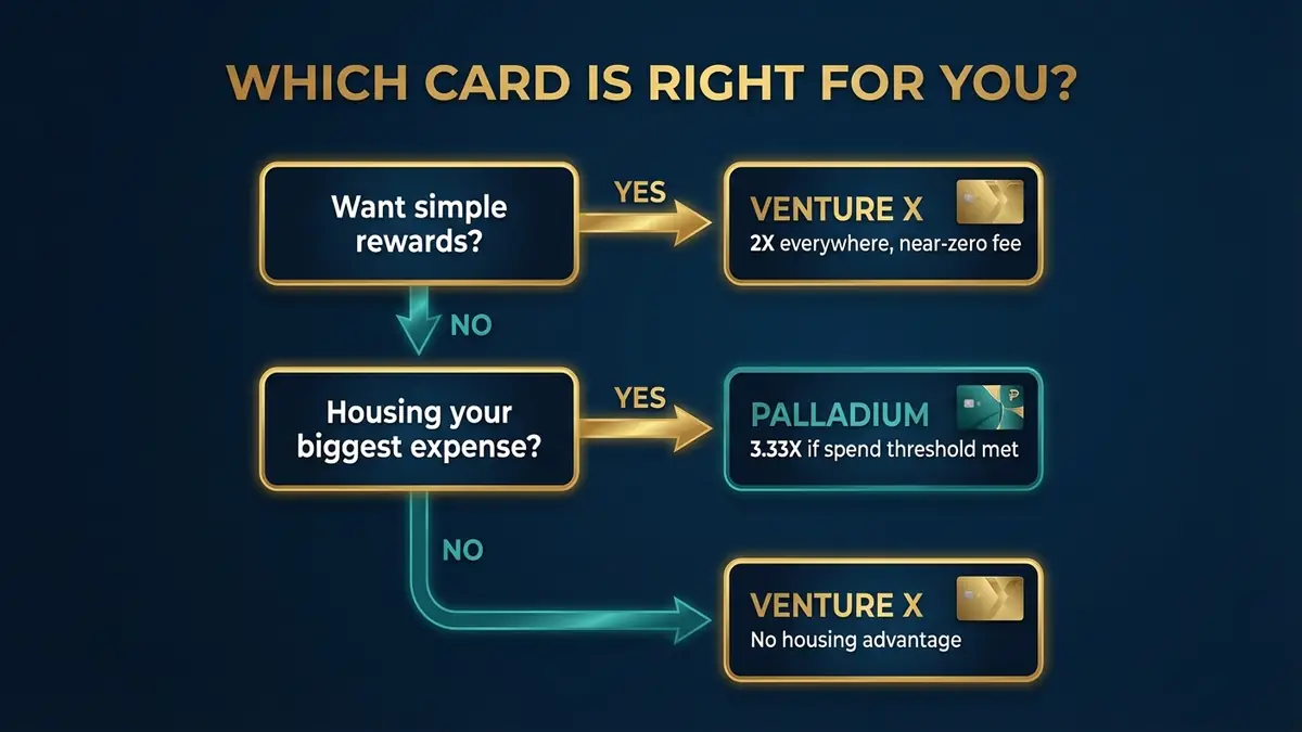 Decision flowchart showing which premium credit card is right for you Bilt Palladium or Capital One Venture X