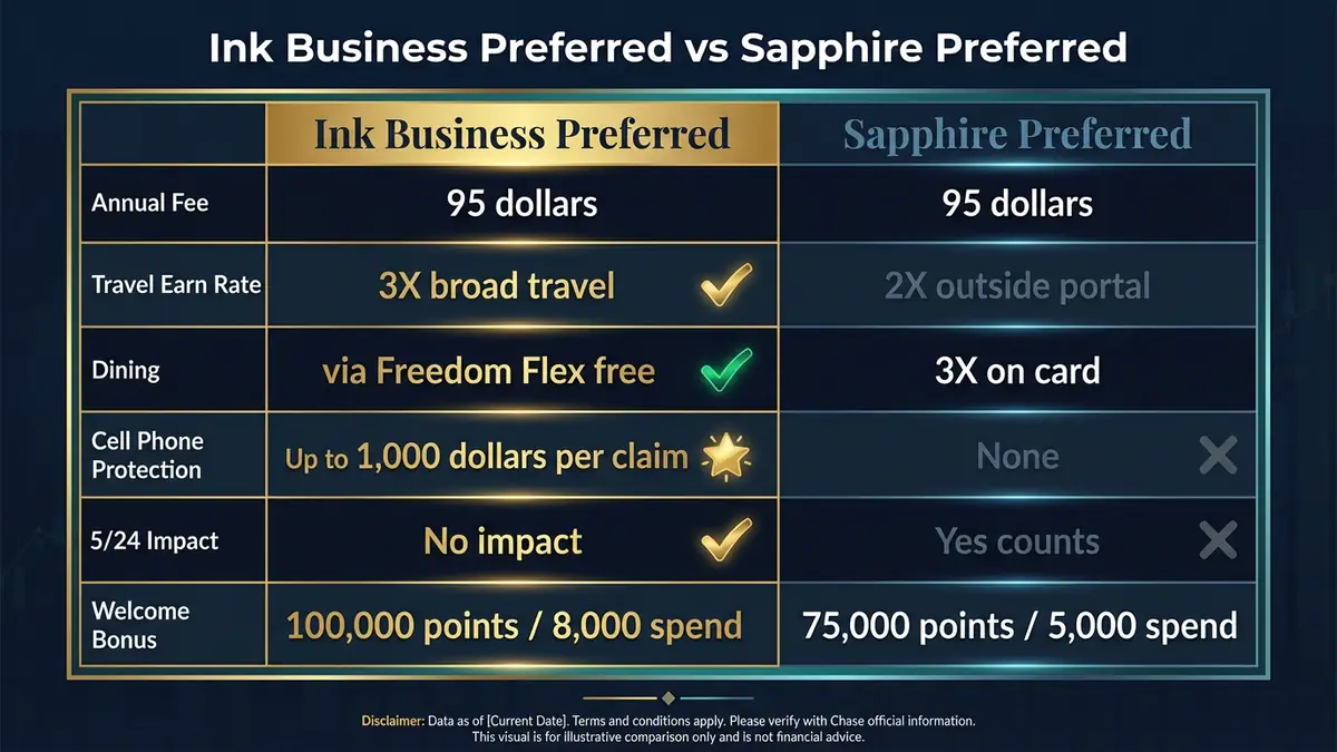 Ink Business Preferred vs Sapphire Preferred side by side feature comparison chart showing key differences