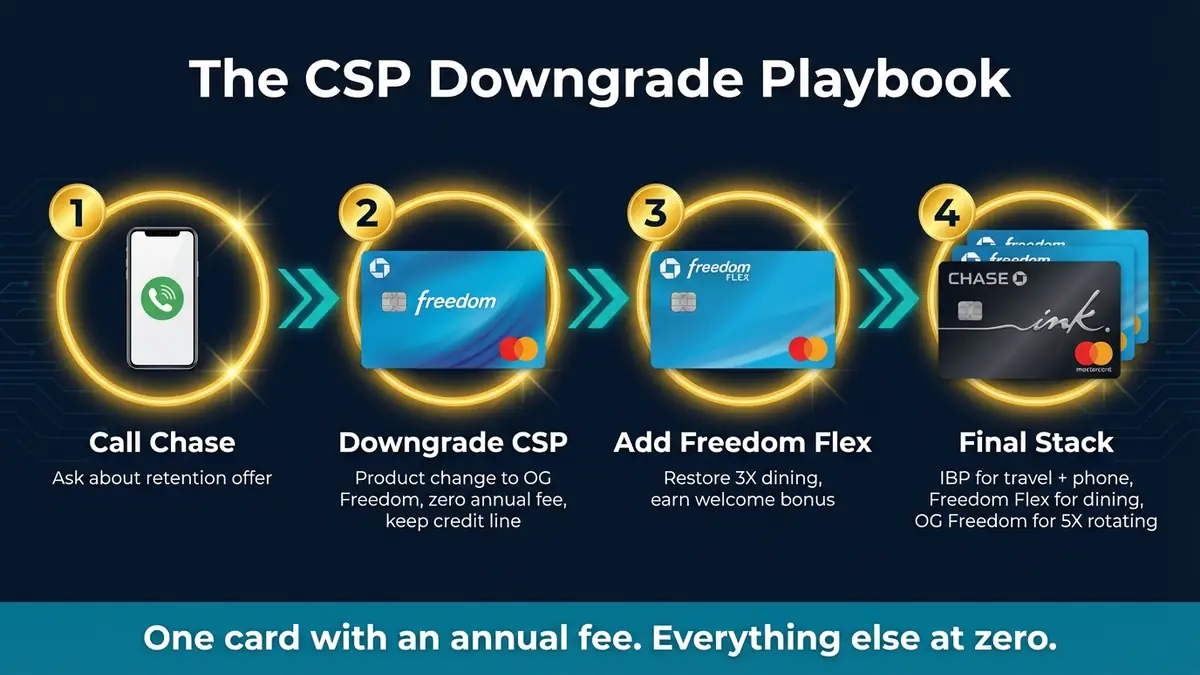 Chase Sapphire Preferred downgrade 4-step playbook showing transition to Ink Business Preferred stack