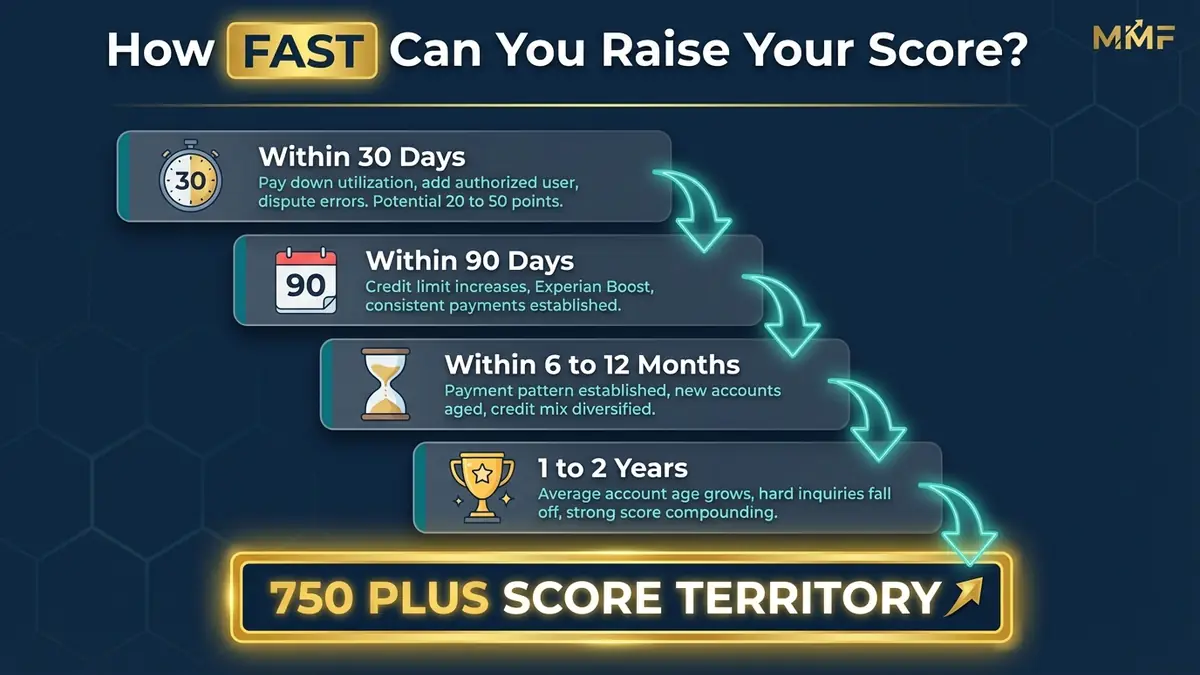 Credit score improvement timeline from 30 days to 2 years showing realistic point gains