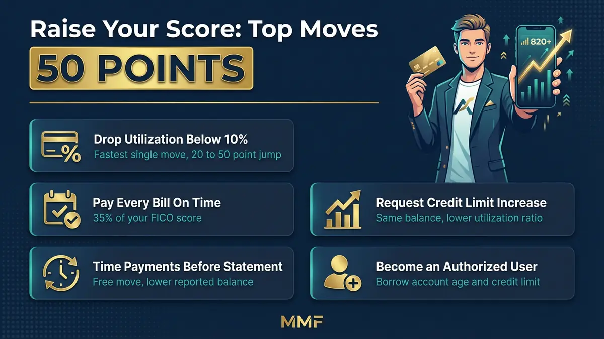 Top 5 credit score strategies ranked by impact including utilization and payment history