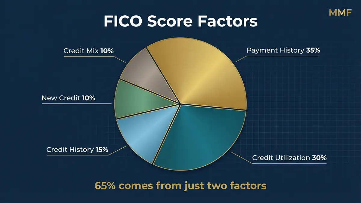 FICO score factors pie chart showing payment history 35% and credit utilization 30% as the two largest factors