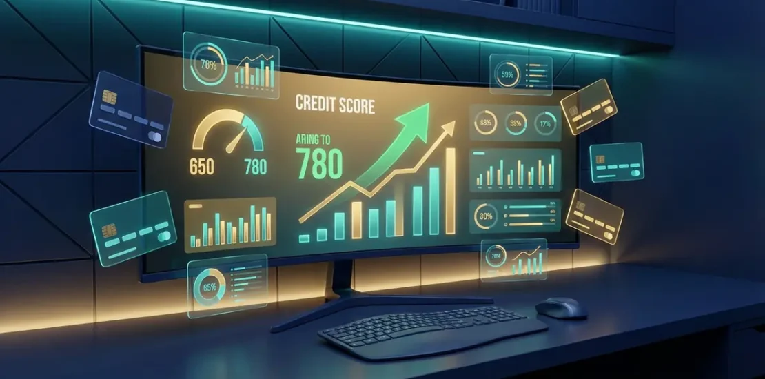 Credit score dashboard showing score rising from 650 to 780 with charts and floating credit cards