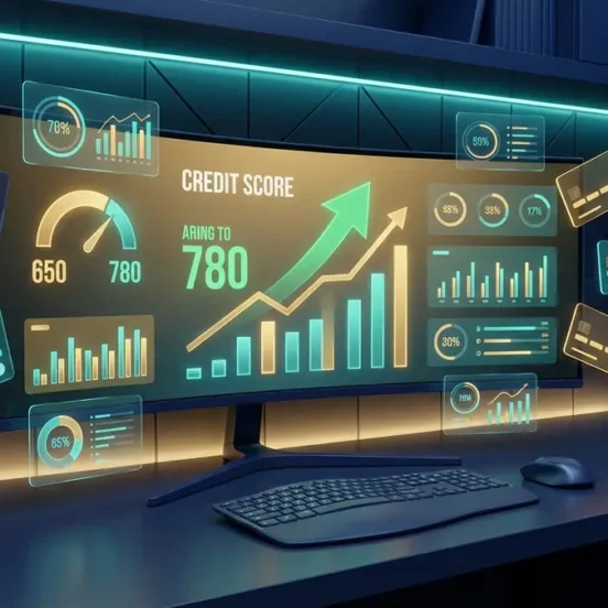 Credit score dashboard showing score rising from 650 to 780 with charts and floating credit cards