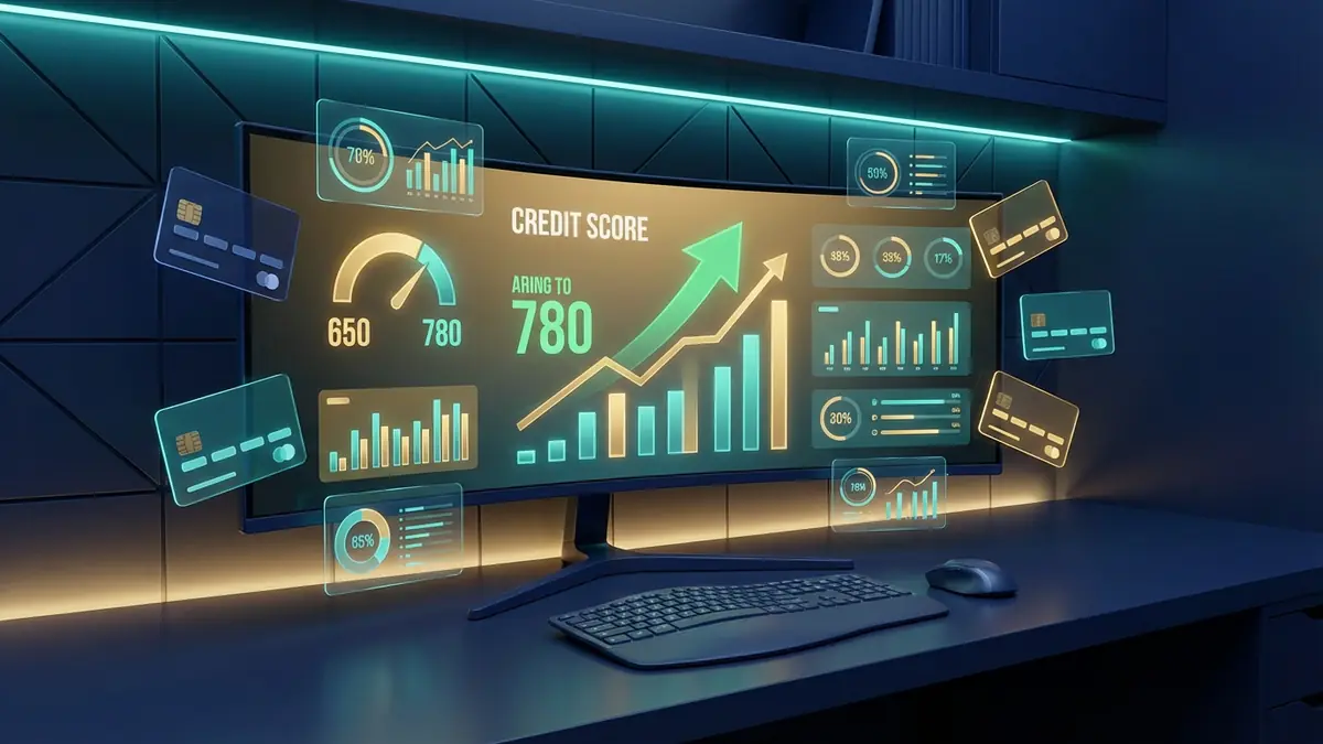 Credit score dashboard showing score rising from 650 to 780 with charts and floating credit cards