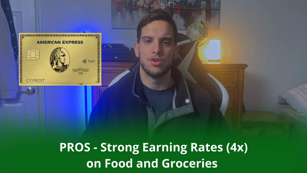 Michael Martinez explaining the Amex Gold pros with on-screen text reading strong earning rates 4x on food and groceries