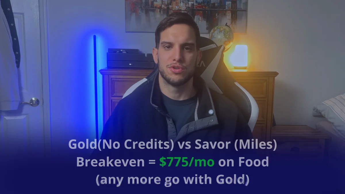 On-screen breakdown showing Amex Gold with no credits versus Capital One Savor miles breaks even at $775 a month on food