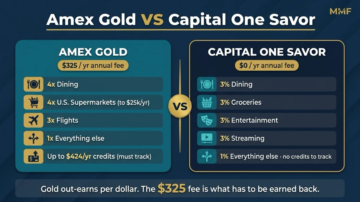 Amex Gold vs Capital One Savor earning rates side by side: Gold earns 4x dining and 4x US supermarkets for a 325 dollar fee, Savor earns 3% on dining, groceries, entertainment and streaming for zero annual fee