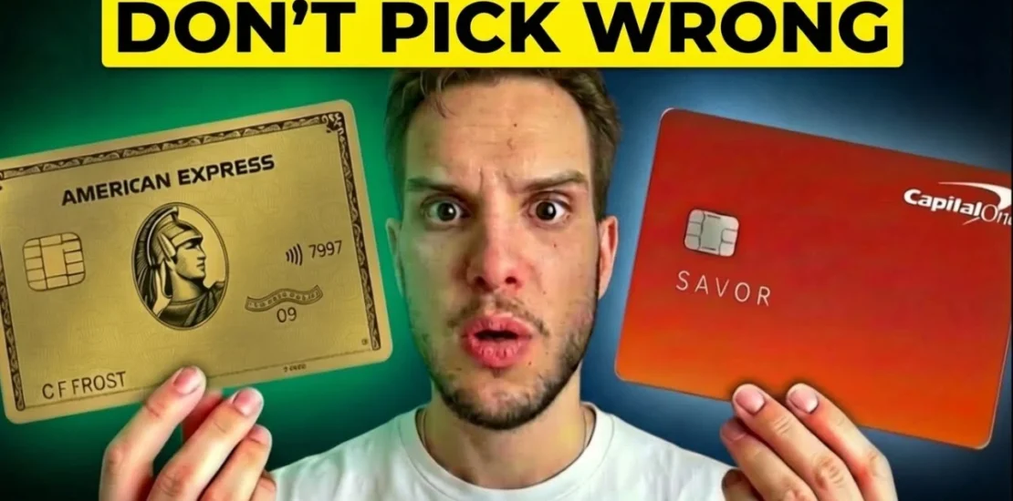 Michael Martinez holding the American Express Gold Card and the Capital One Savor, don't pick wrong
