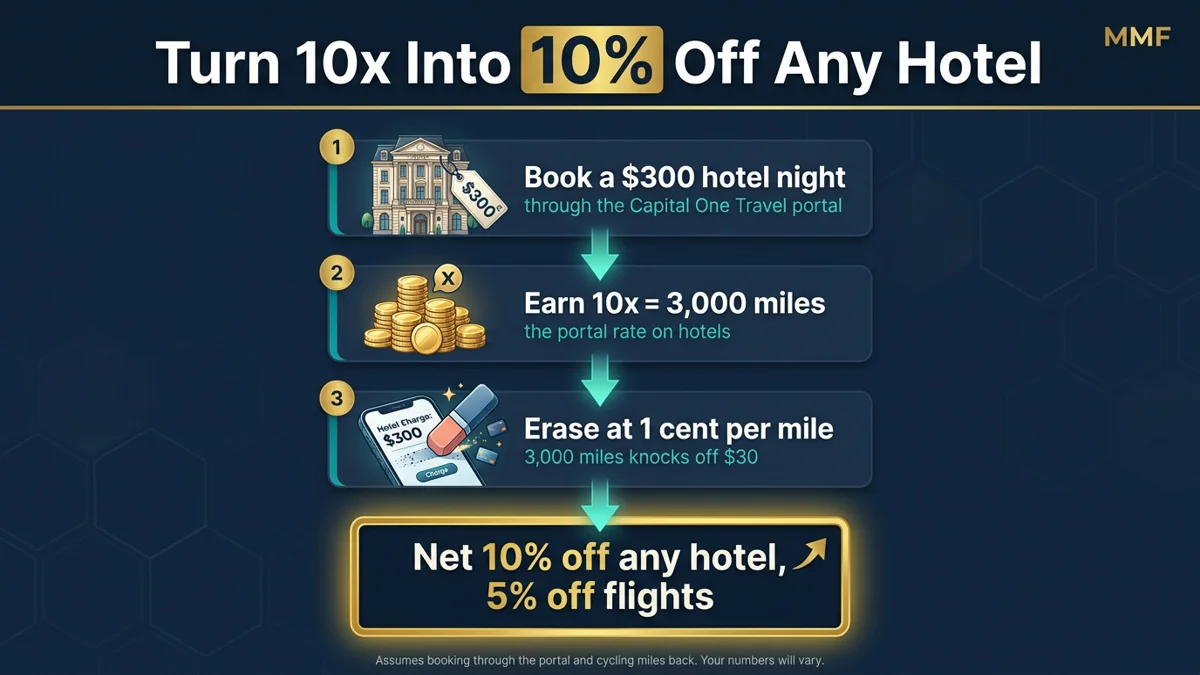 Capital One travel eraser math showing a 300 dollar hotel earning 3,000 miles at 10x, erased at 1 cent for 30 dollars off, netting 10 percent off any hotel
