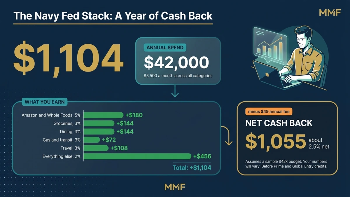 Navy Federal trifecta cash back math: a $42,000 annual budget earns $1,104, or about 2.5% net after the $49 Flagship annual fee