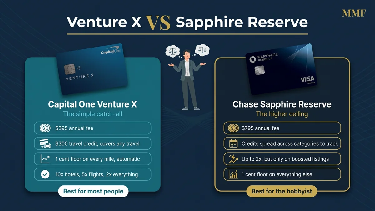 Capital One vs Chase comparison: Venture X vs Sapphire Reserve, $395 vs $795 annual fee and the same 1 cent redemption floor