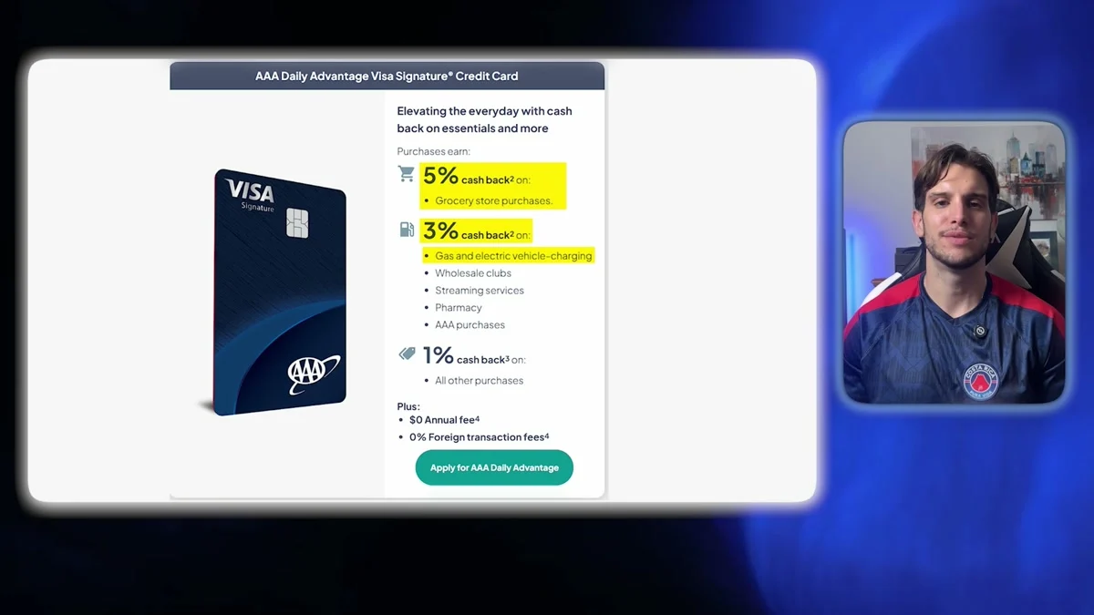 The AAA Daily Advantage Visa Signature Credit Card page showing 5% cash back on grocery stores, 3% on gas and EV charging, wholesale clubs, streaming, pharmacy and AAA purchases, 1% on everything else, with no annual fee.