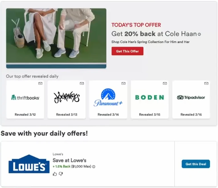 Capital One Shopping daily offers screen showing Save at Lowe's at only 1.5 percent back, the default passive rate