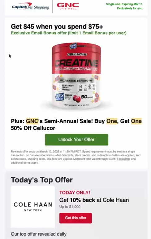 A Capital One Shopping targeted email offer for 45 dollars back when you spend 75 dollars, with another top offer shown further down the email