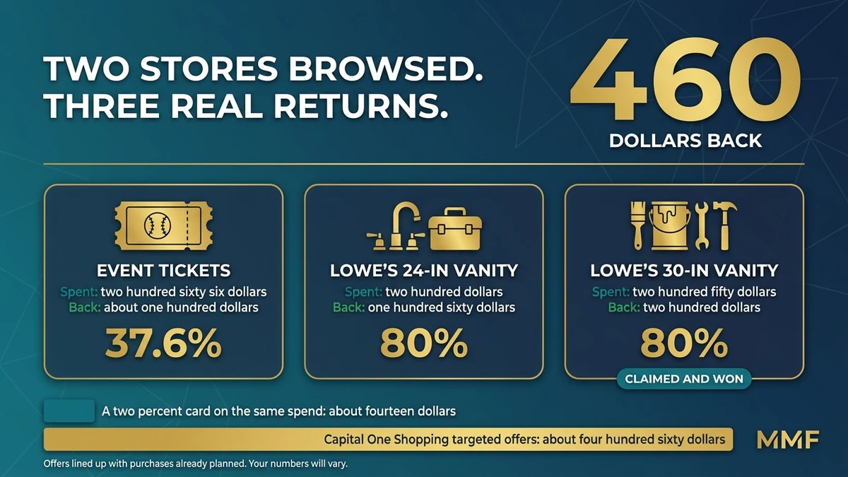 Capital One Shopping rewards from three real purchases: 37.6 percent back on event tickets and 80 percent back on two Lowe's vanity offers, about 460 dollars total